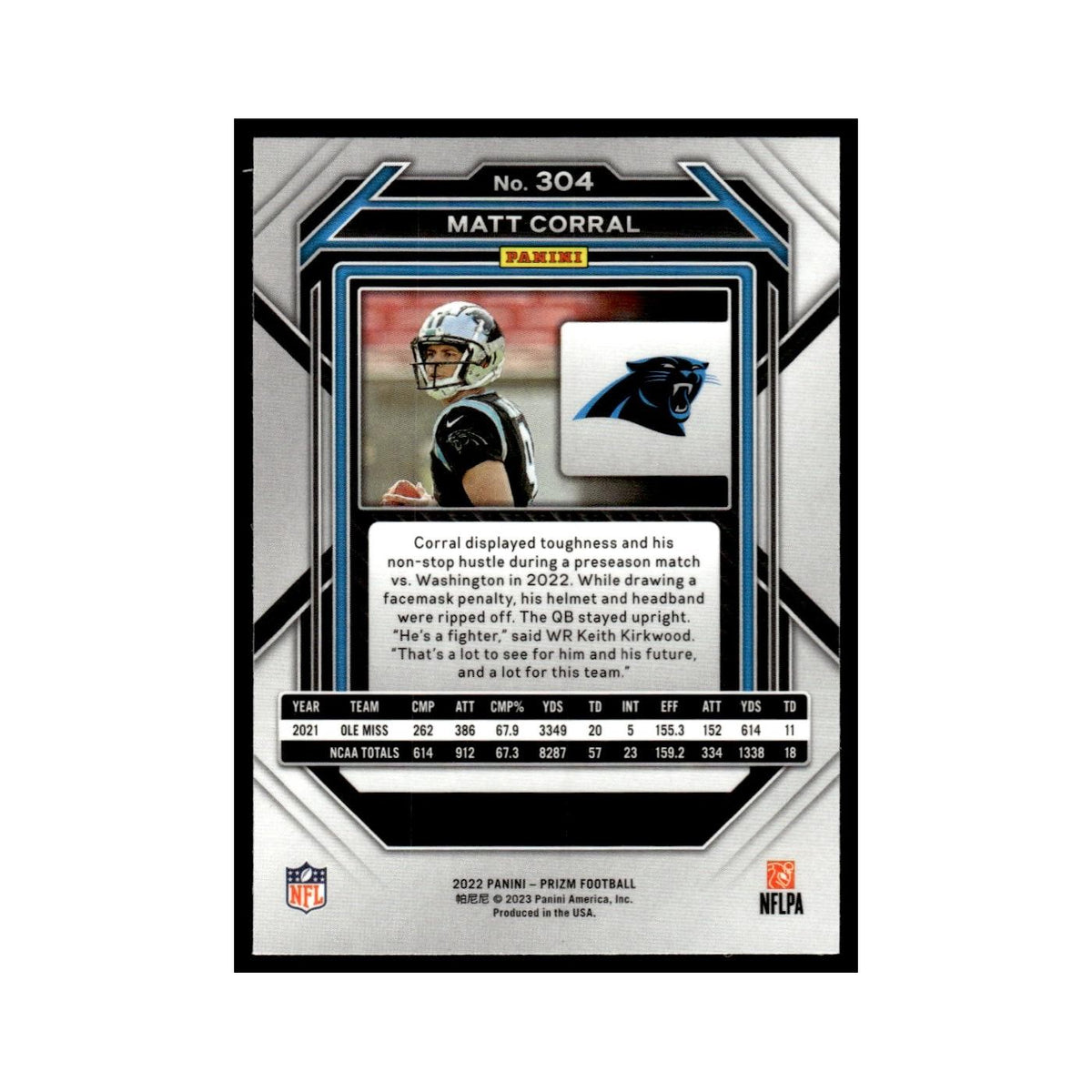 Matt Corral 2022 Panini Prizm #304 Carolina Panthers Football Card NM