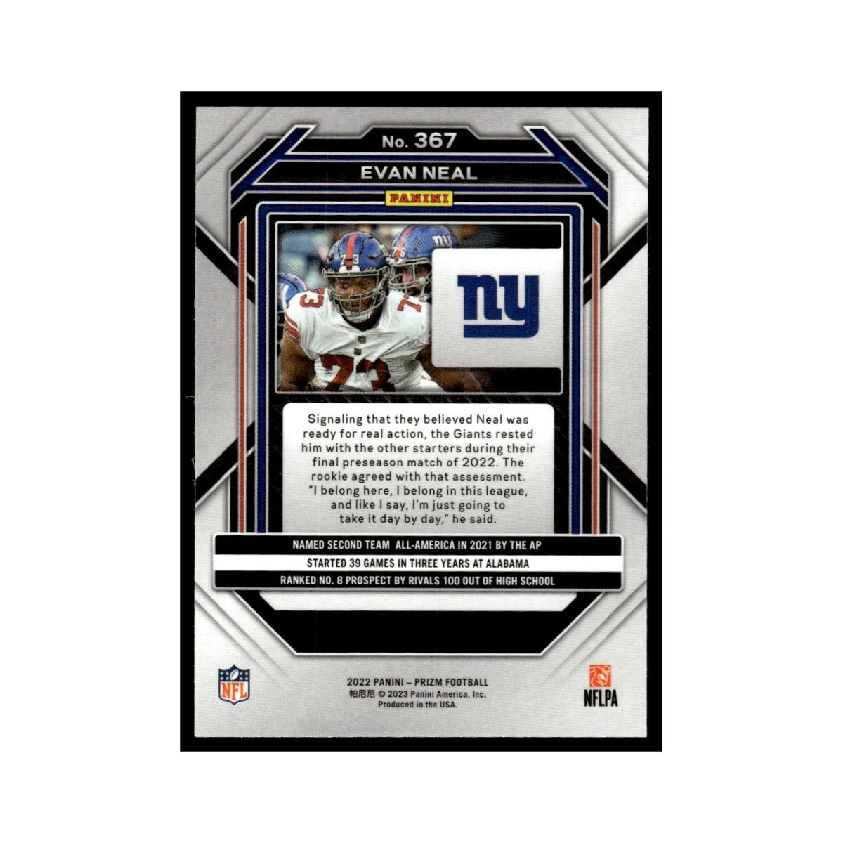 Evan Neal Rookie 2022 Panini Prizm #367 New York Giants Football Card NM