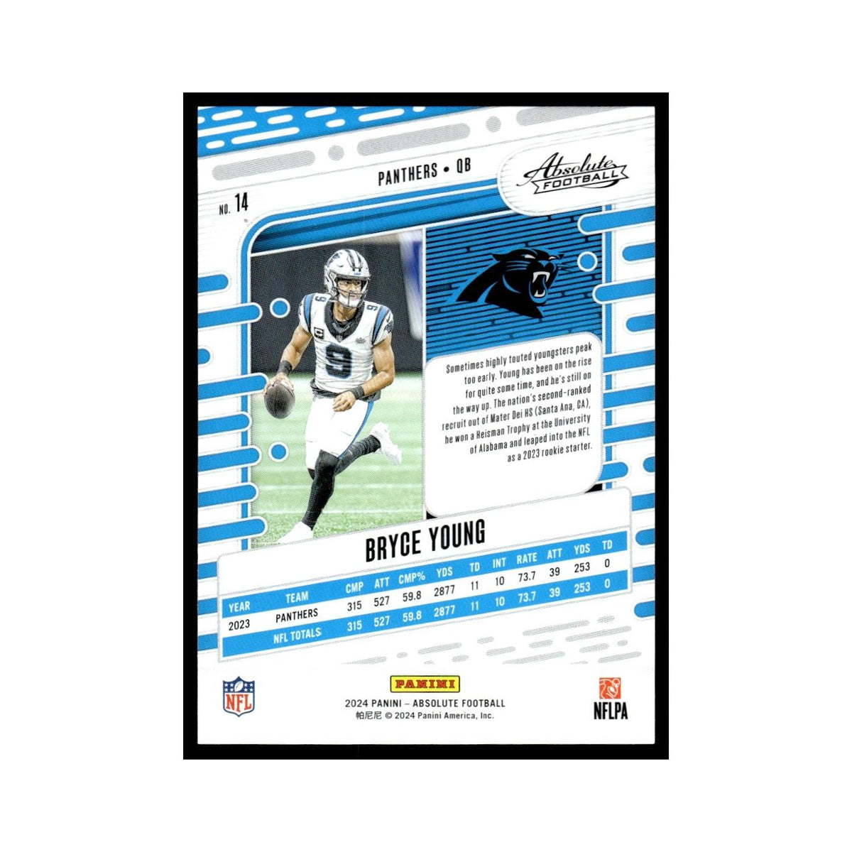 Bryce Young 2024 Panini Absolute #14 Carolina Panthers Football Card NM