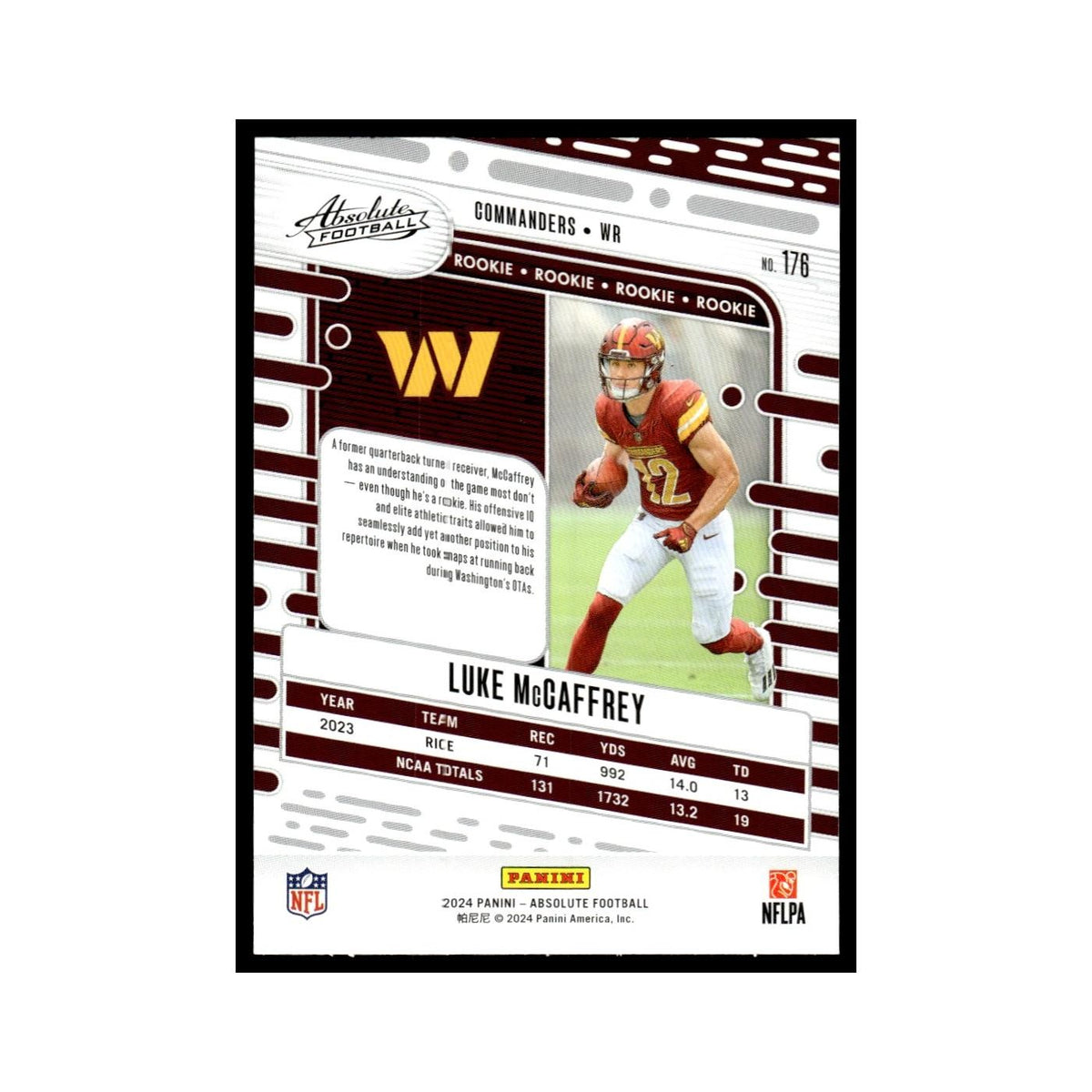 Luke McCaffrey Rookie 2024 Panini Absolute #176 Washington Commanders NM