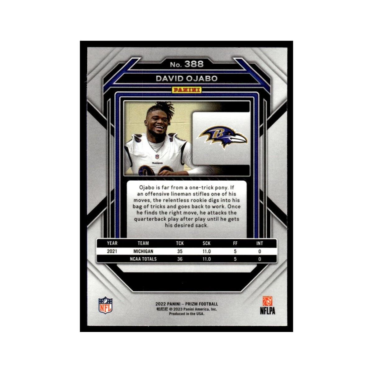 David Ojabo Rookie 2022 Panini Prizm #388 Baltimore Ravens Football Card NM