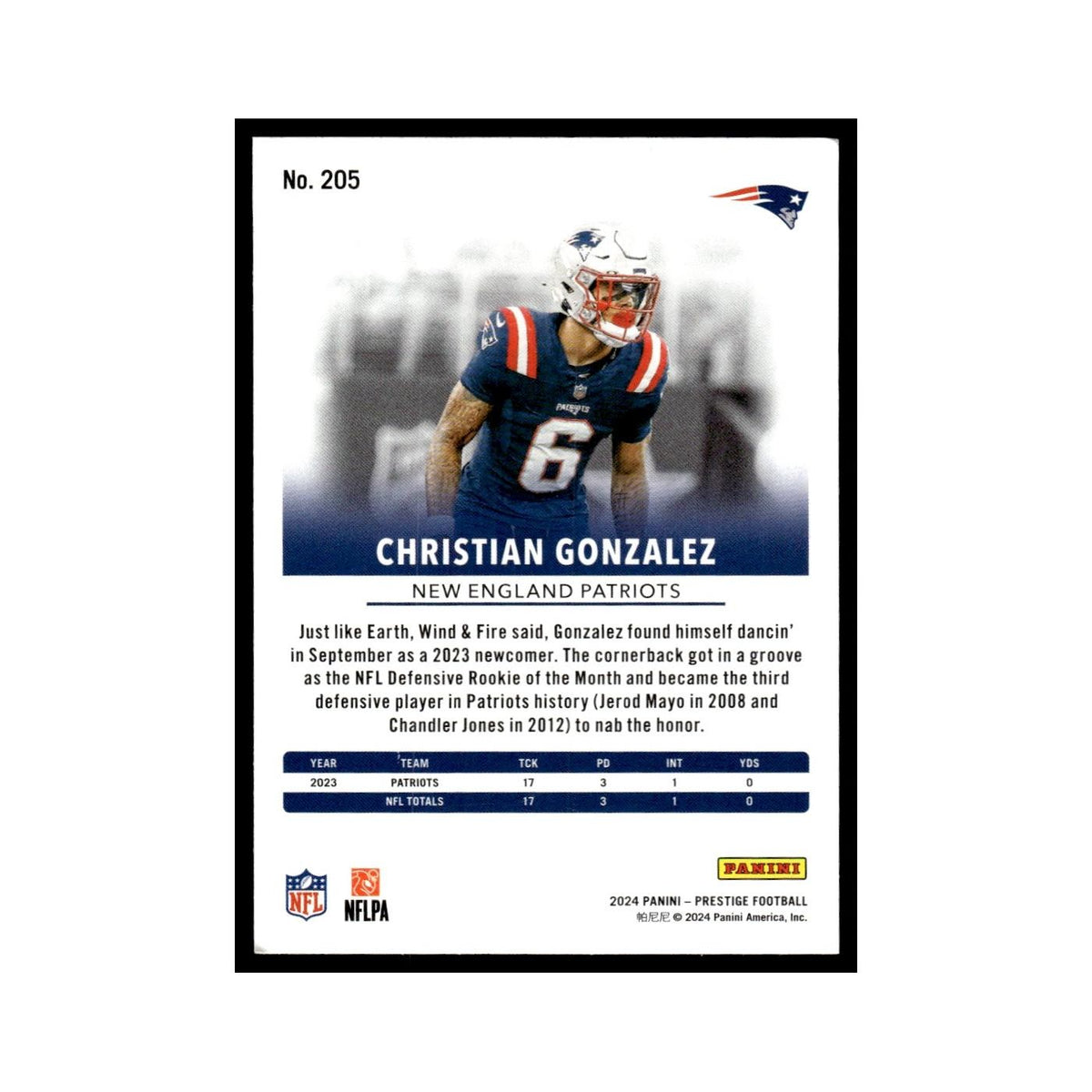 Christian Gonzalez 2024 Panini Prestige #205 New England Patriots NM