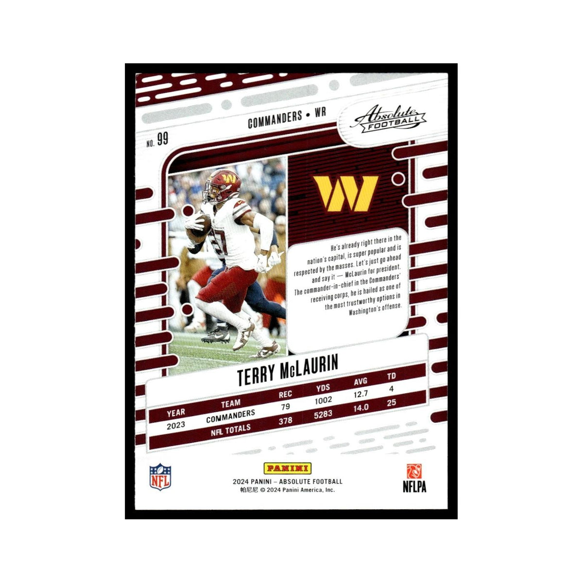 Terry McLaurin 2024 Panini Absolute #99 Washington Commanders Football Card NM