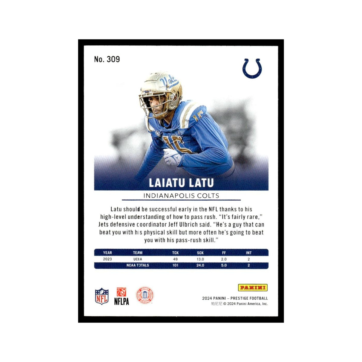 Laiatu Latu Rookie 2024 Panini Prestige #309 Indianapolis Colts Football Card NM