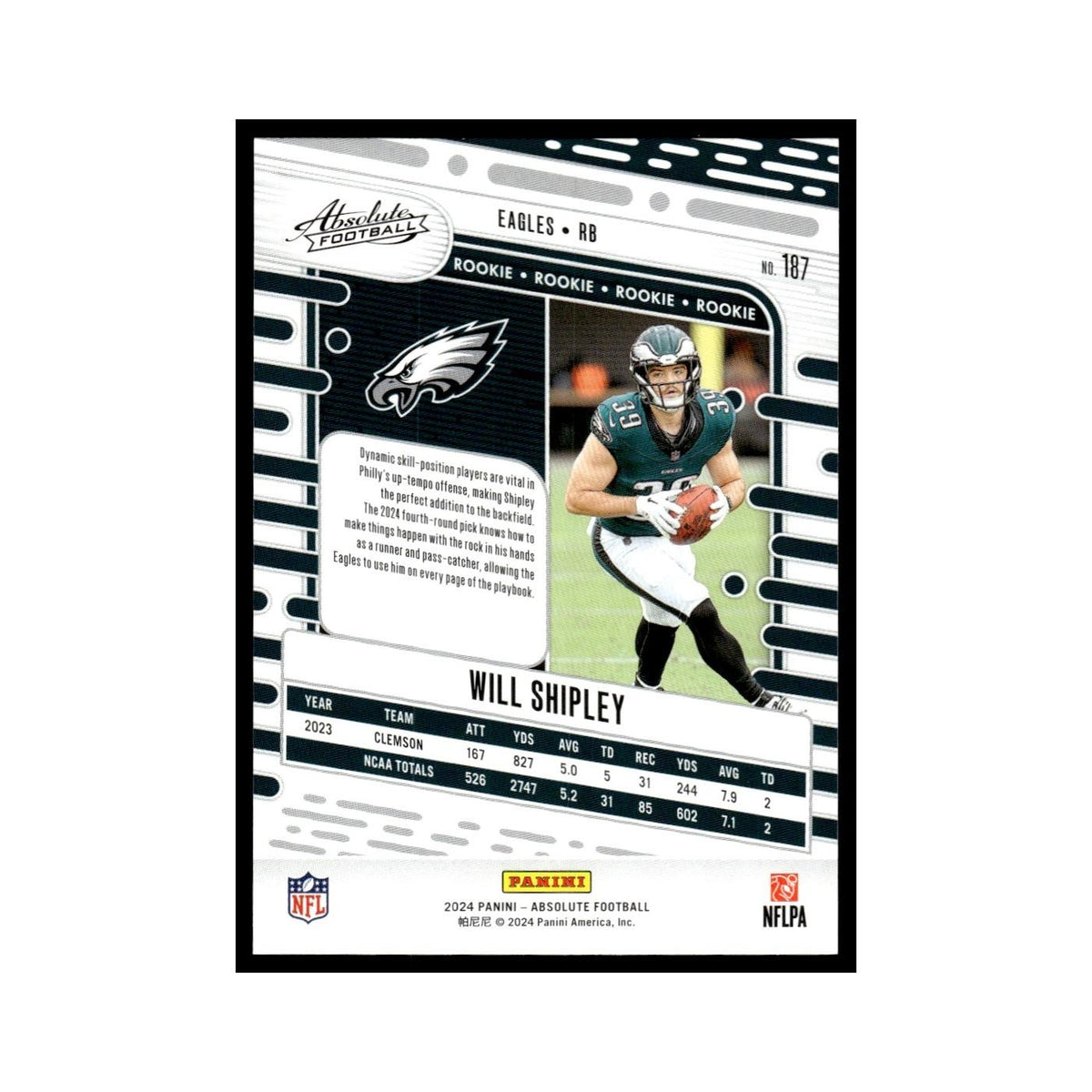 Will Shipley Rookie 2024 Panini Absolute #187 Philadelphia Eagles NM