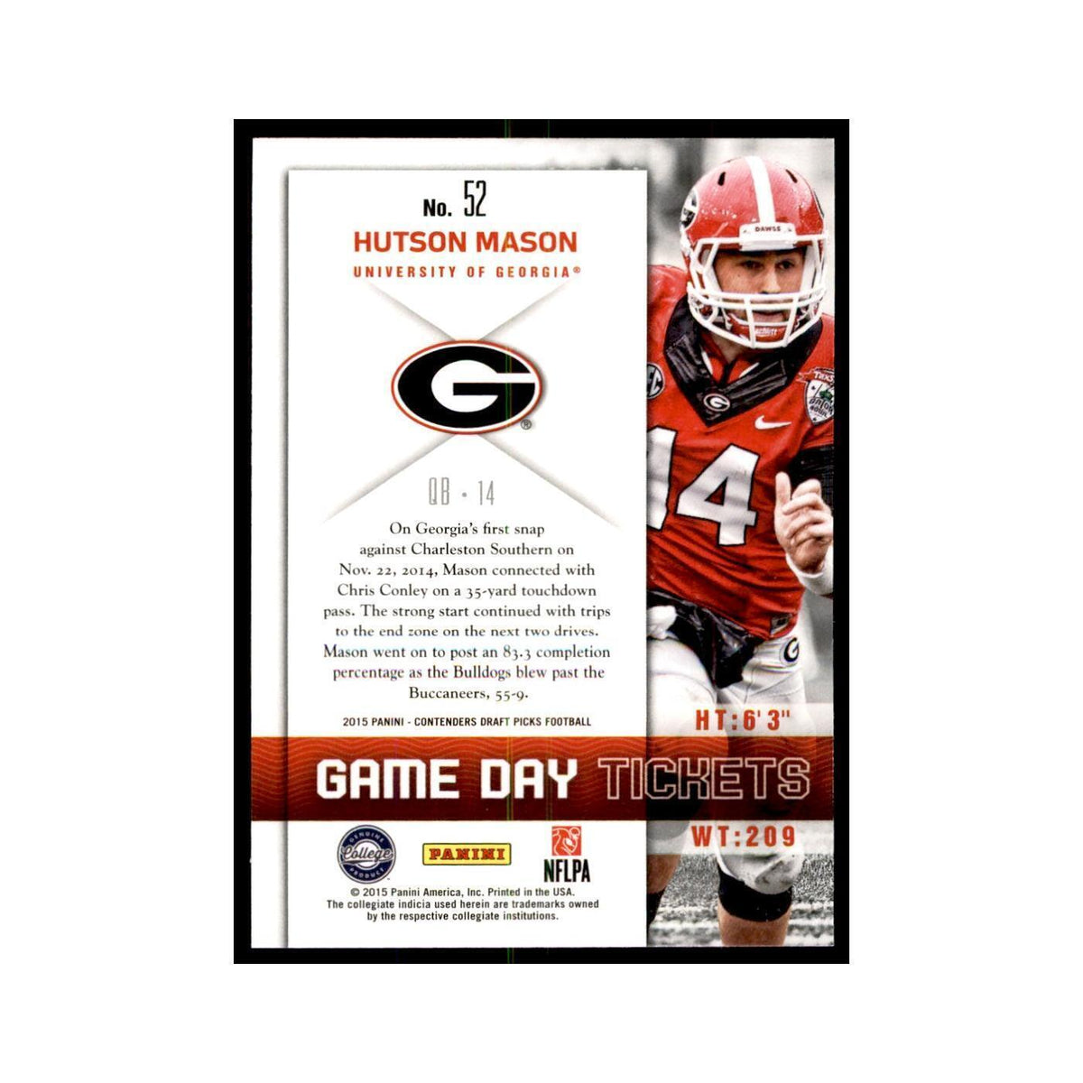 Hutson Mason 2015 Panini Contenders Draft Picks #52 Football Cards NM