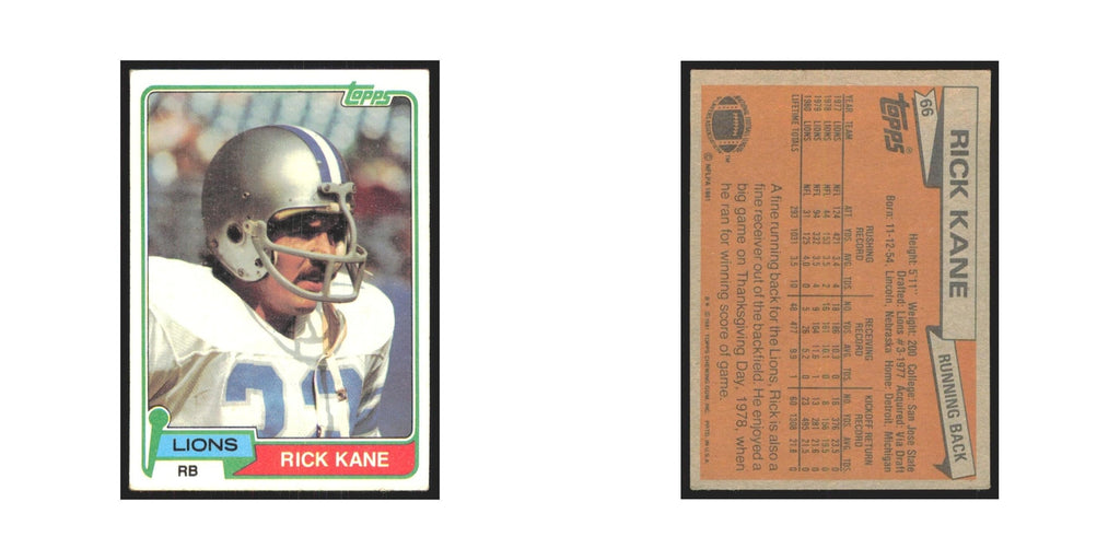 Rick Kane 1981 Topps #66 Detroit Lions Football Card NM
