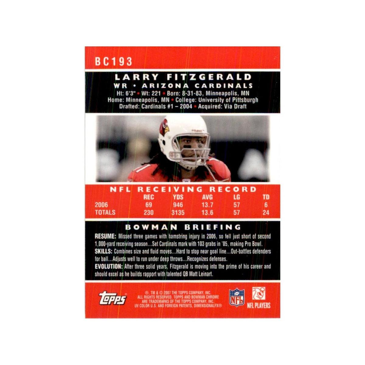 2007 Bowman Chrome Larry Fitzgerald Football Cards #BC193