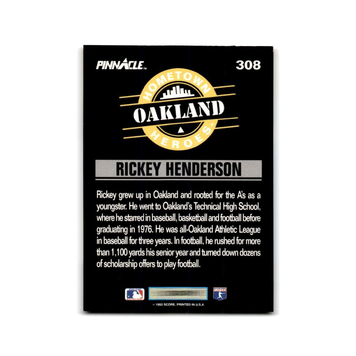 Rickey Henderson 1993 Pinnacle #308 Oakland Athletics Baseball Card NM