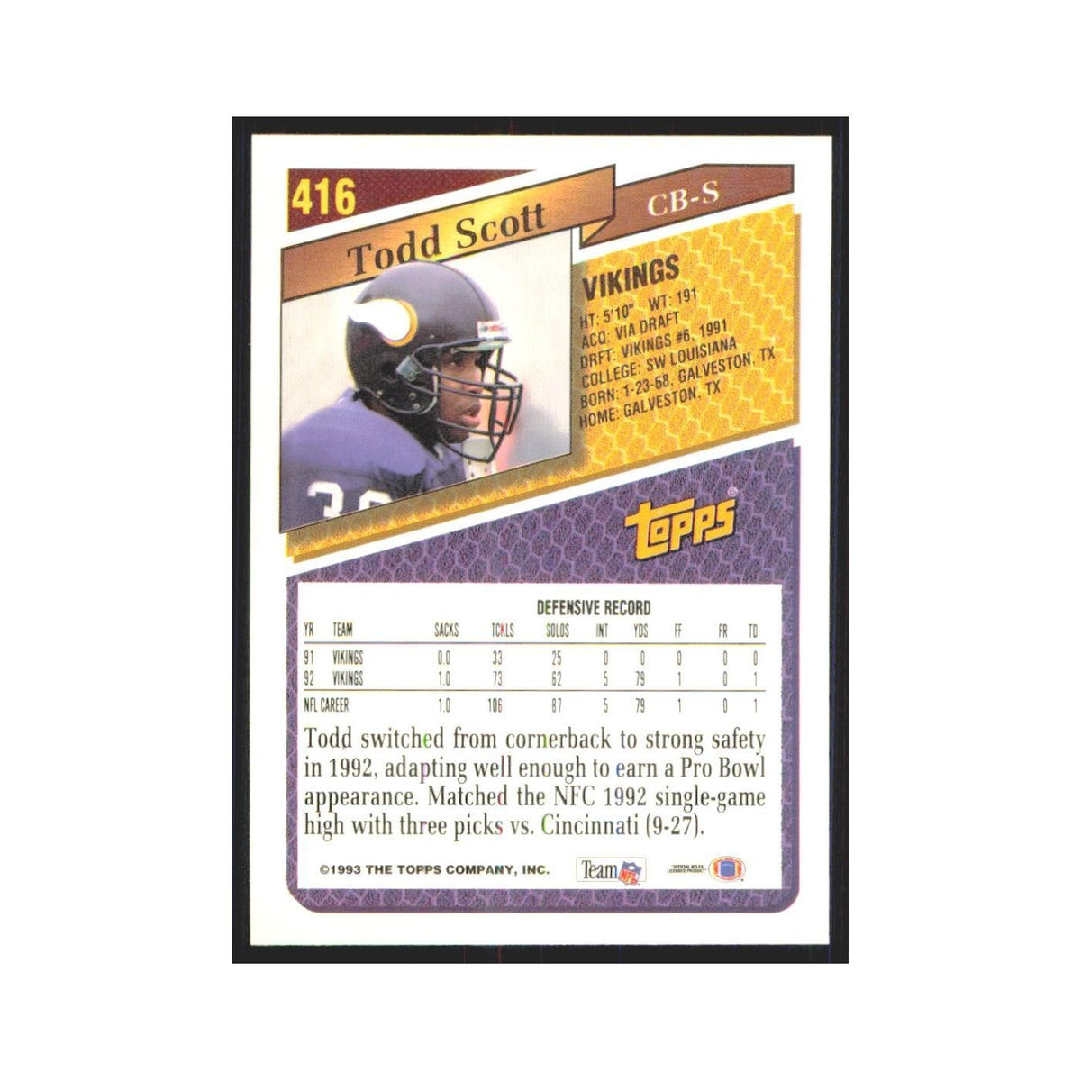 1993 Topps Todd Scott Vikings #416