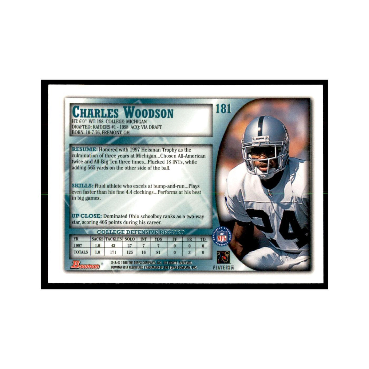 1998 Bowman Charles Woodson RC Football Cards #181