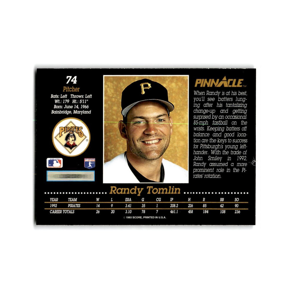Randy Tomlin 1993 Pinnacle #74 Pittsburgh Pirates Baseball Card NM