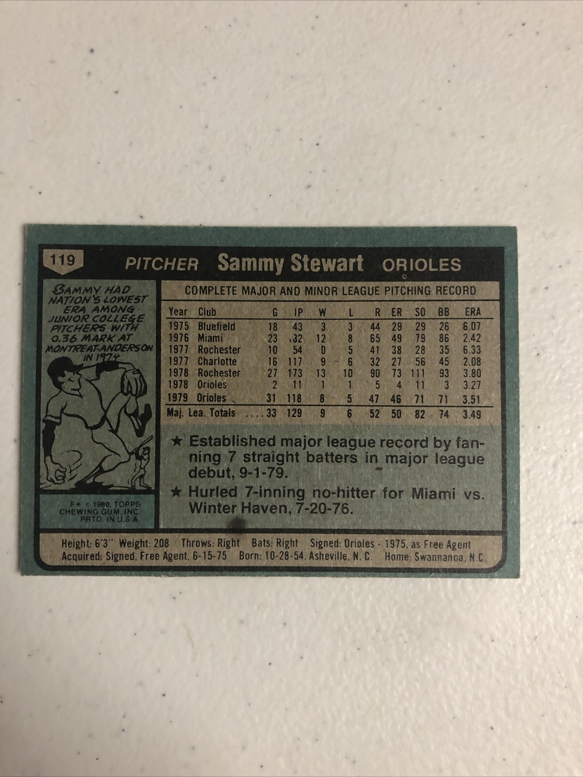 1980 Topps Sammy Stewart N Baltimore Orioles #119