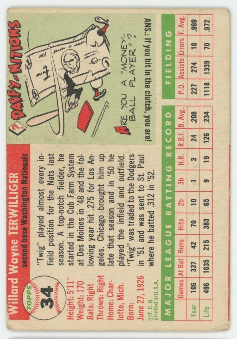 1955 Topps Baseball Card Wayne Terwilliger Washington Senators #34