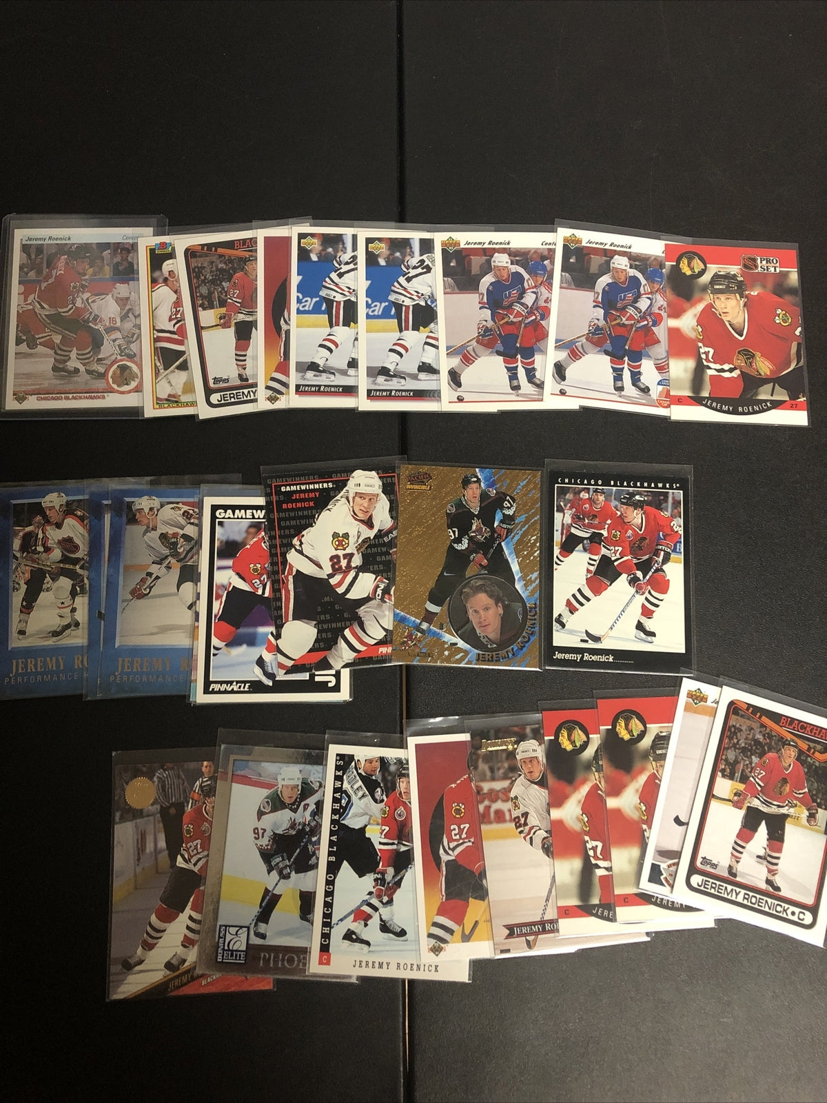 HUGE 27 CARD JEREMY ROENICK LOT. GREAT INSERTS/MIXED BRANDS/YRS/DUPS/EXC COND!