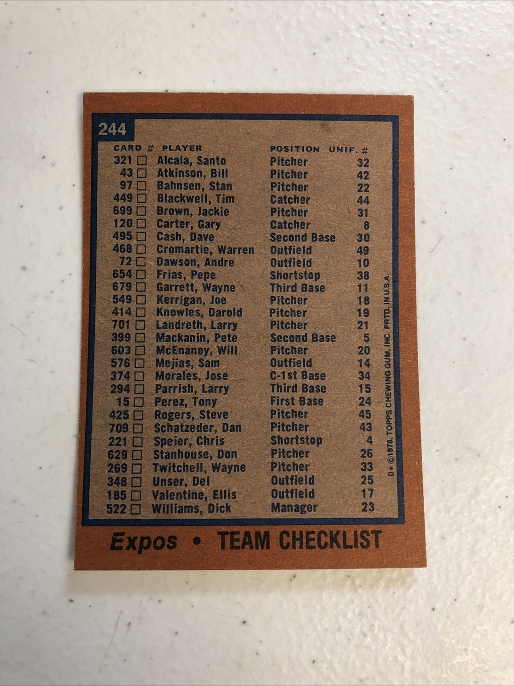 1978 TOPPS TEAM CHECKLIST MONTREAL EXPOS #244