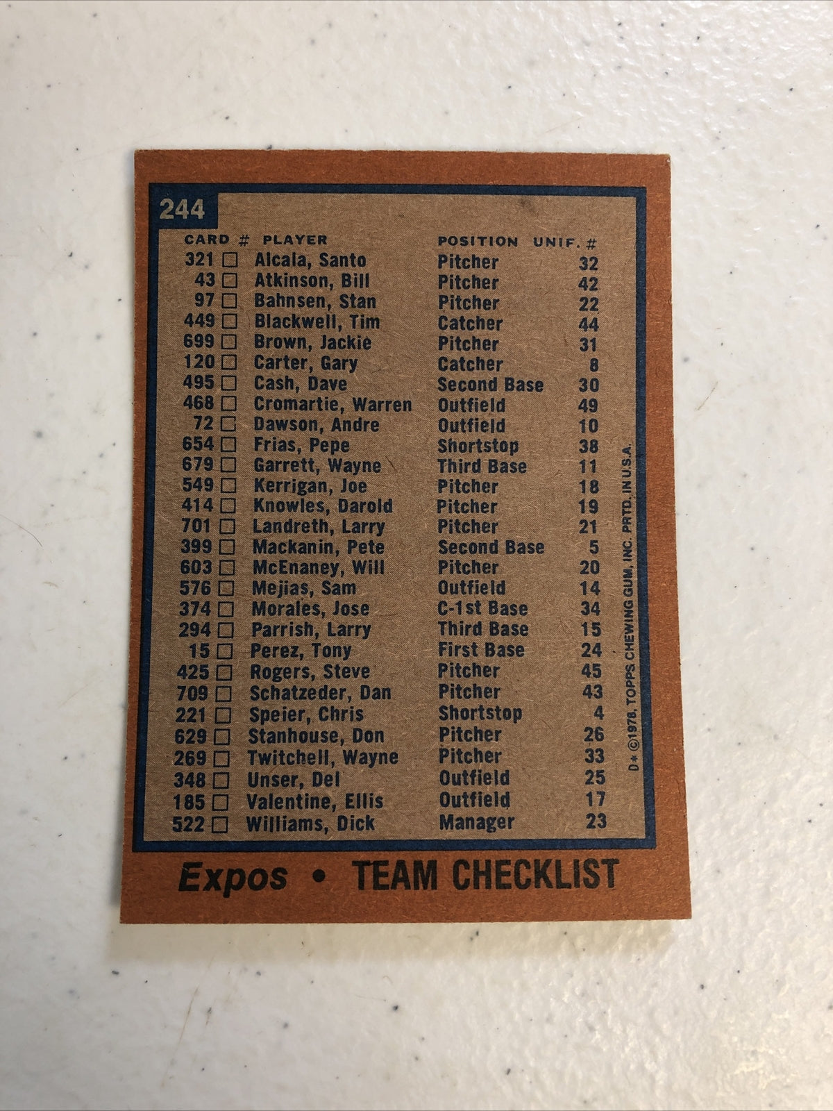 1978 TOPPS TEAM CHECKLIST MONTREAL EXPOS #244