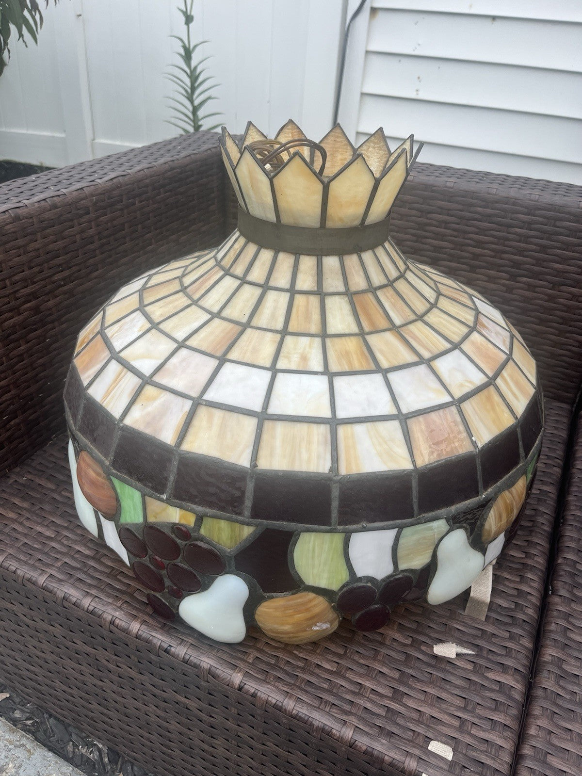Vintage Stained Glass Hanging Lamp Fruit Pattern -Tiffany Style 22” Diameter