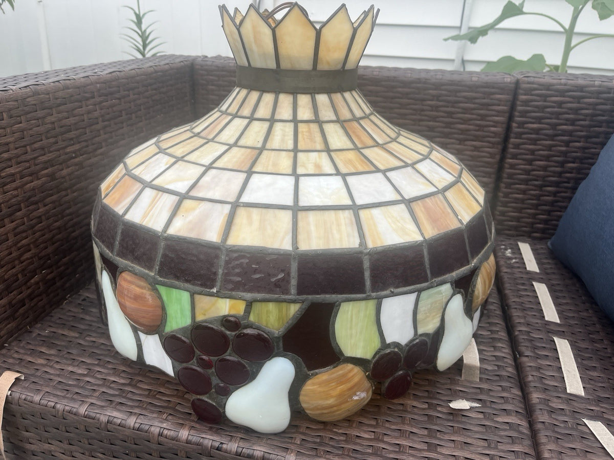 Vintage Stained Glass Hanging Lamp Fruit Pattern -Tiffany Style 22” Diameter