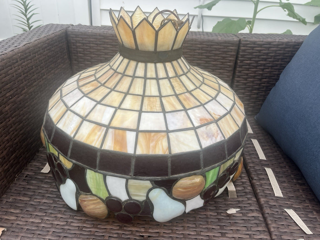 Vintage Stained Glass Hanging Lamp Fruit Pattern -Tiffany Style 22” Diameter