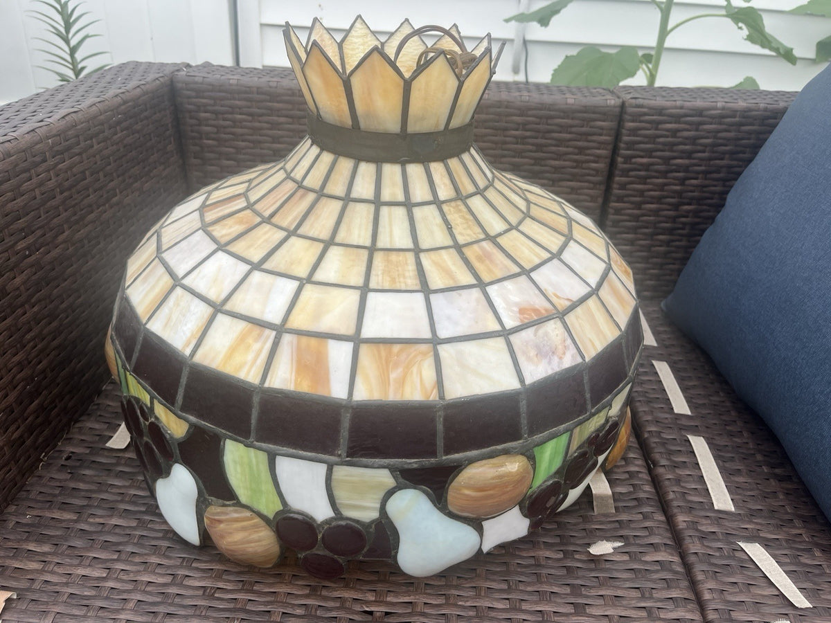 Vintage Stained Glass Hanging Lamp Fruit Pattern -Tiffany Style 22” Diameter
