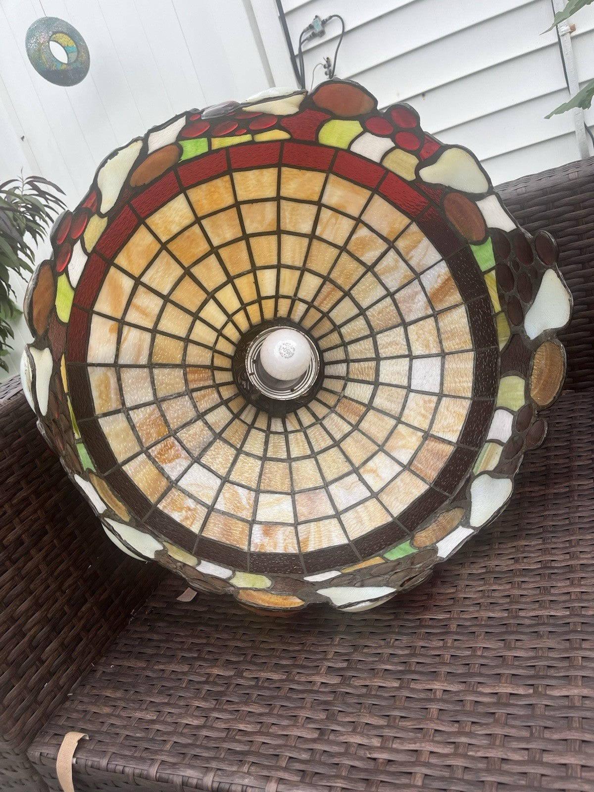 Vintage Stained Glass Hanging Lamp Fruit Pattern -Tiffany Style 22” Diameter