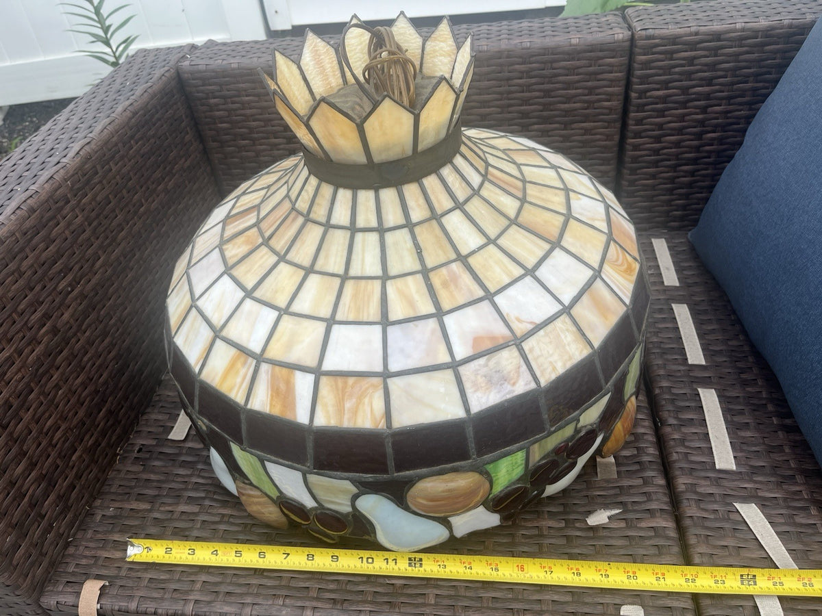 Vintage Stained Glass Hanging Lamp Fruit Pattern -Tiffany Style 22” Diameter