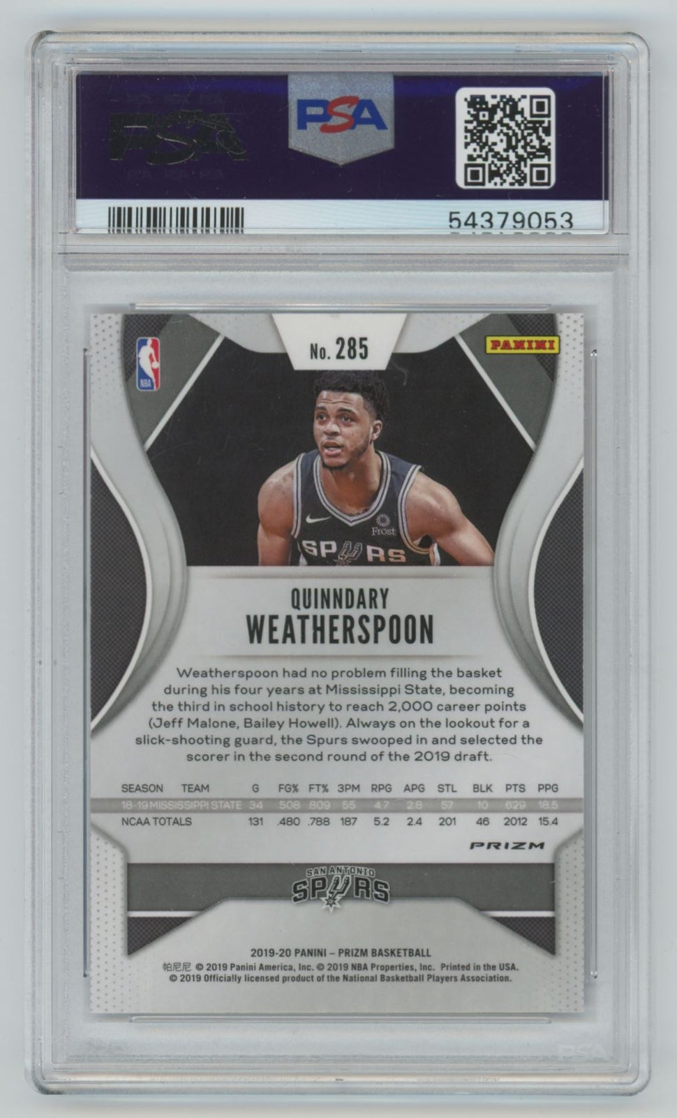2019-20 Panini Prizm Red/White/Blue Quinndary Weatherspoon Rookie PSA 10 San