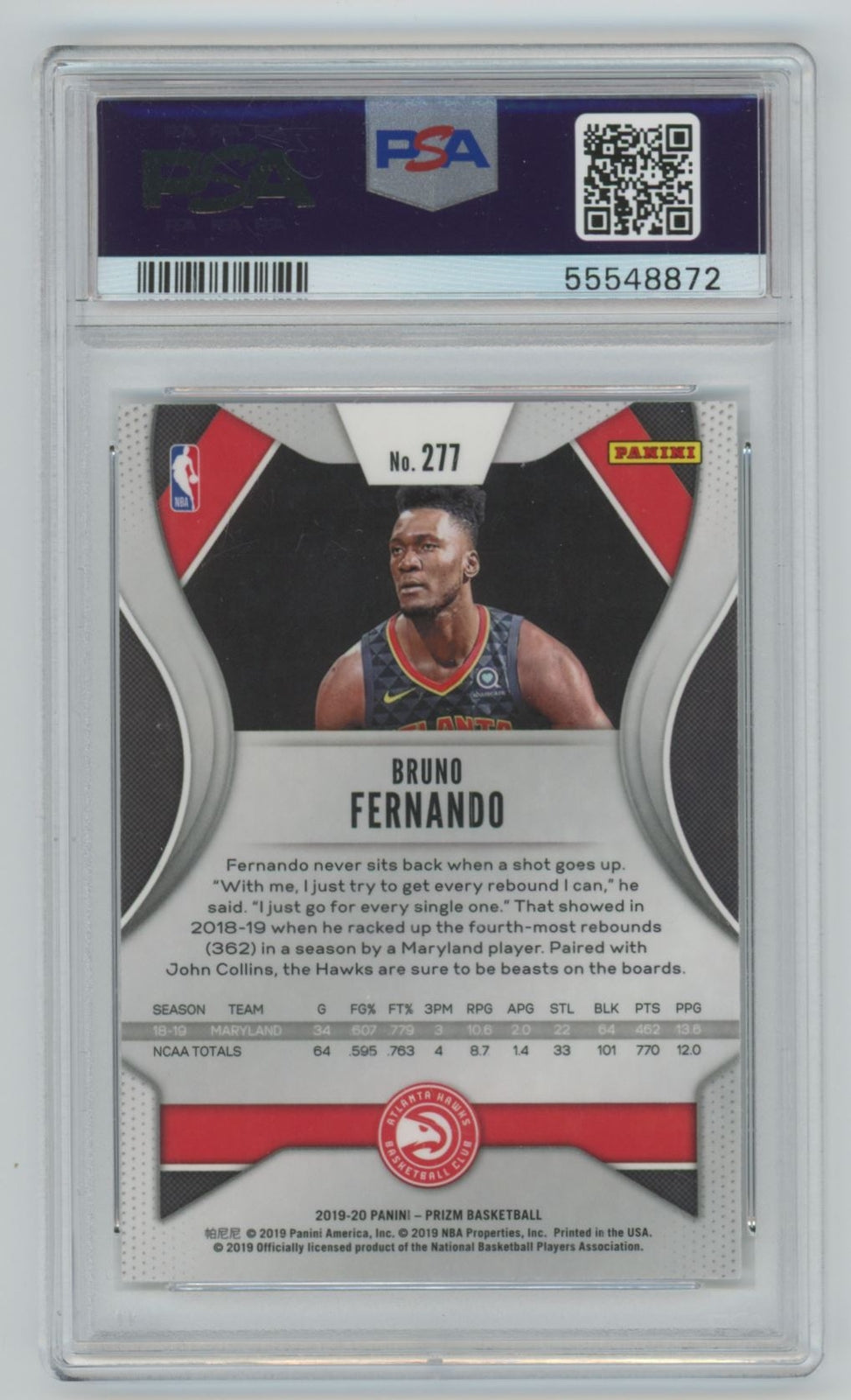 2019-20 Panini Prizm Bruno Fernando Rookie PSA 10 Atlanta Hawks #277