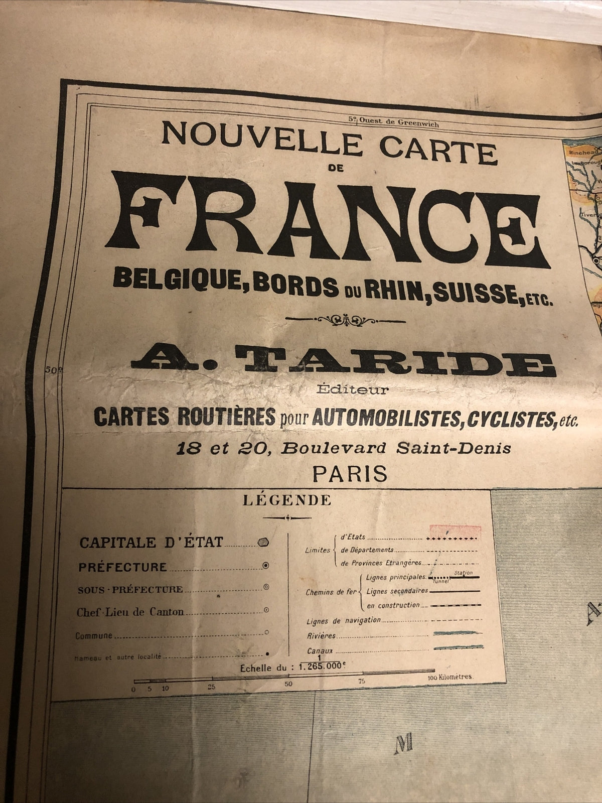 NOUVELLE CARTE DE FRANCE VINTAGE FOLDING MAP.  GREAT CHARACTER