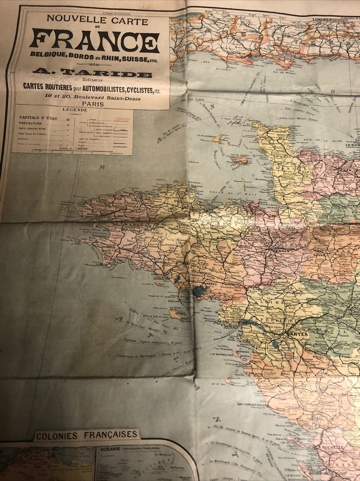 NOUVELLE CARTE DE FRANCE VINTAGE FOLDING MAP.  GREAT CHARACTER
