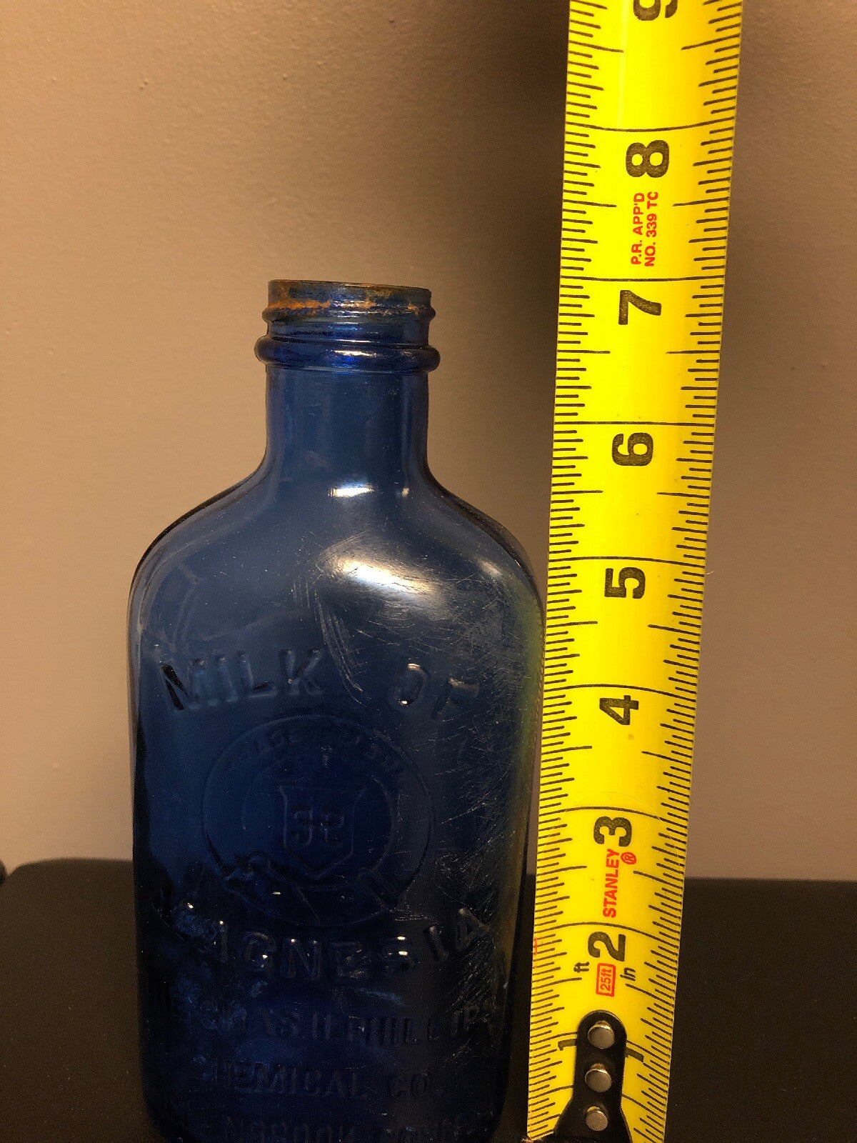 VINTAGE ANTIQUE PHILLIPS COBALT BLUE MILK OF MAGNESIA BOTTLE 7” X 3 1/2”