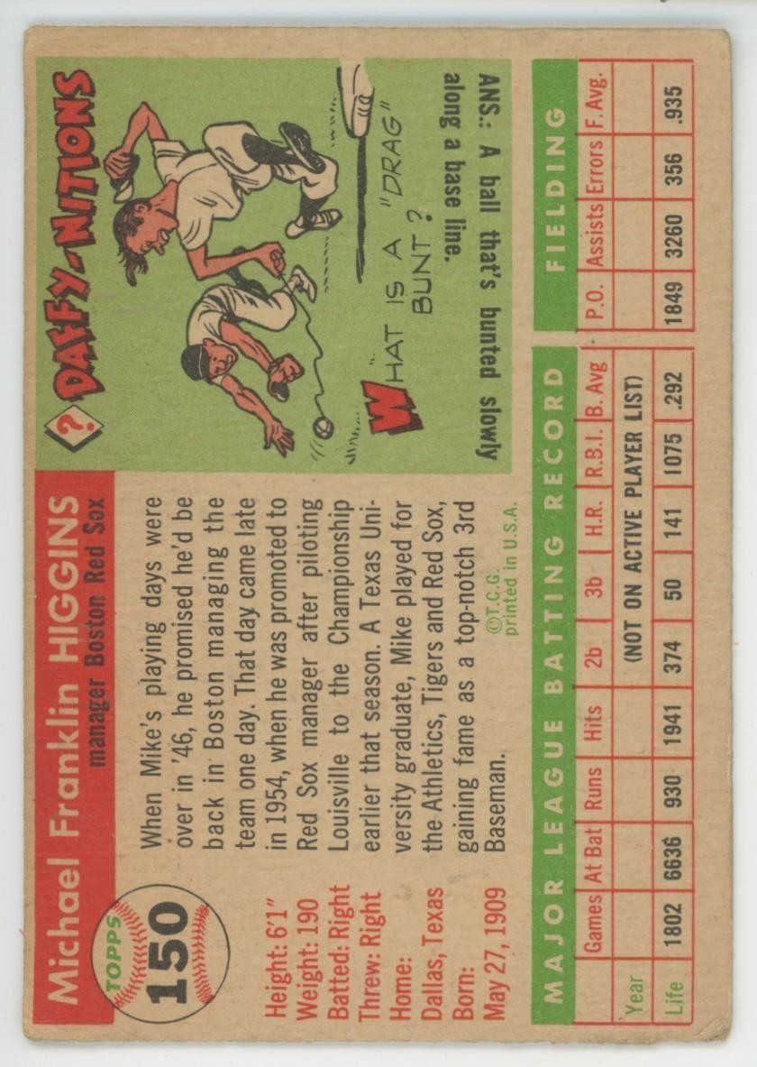 1955 Topps Baseball Card Mike Higgins Boston Red Sox #150