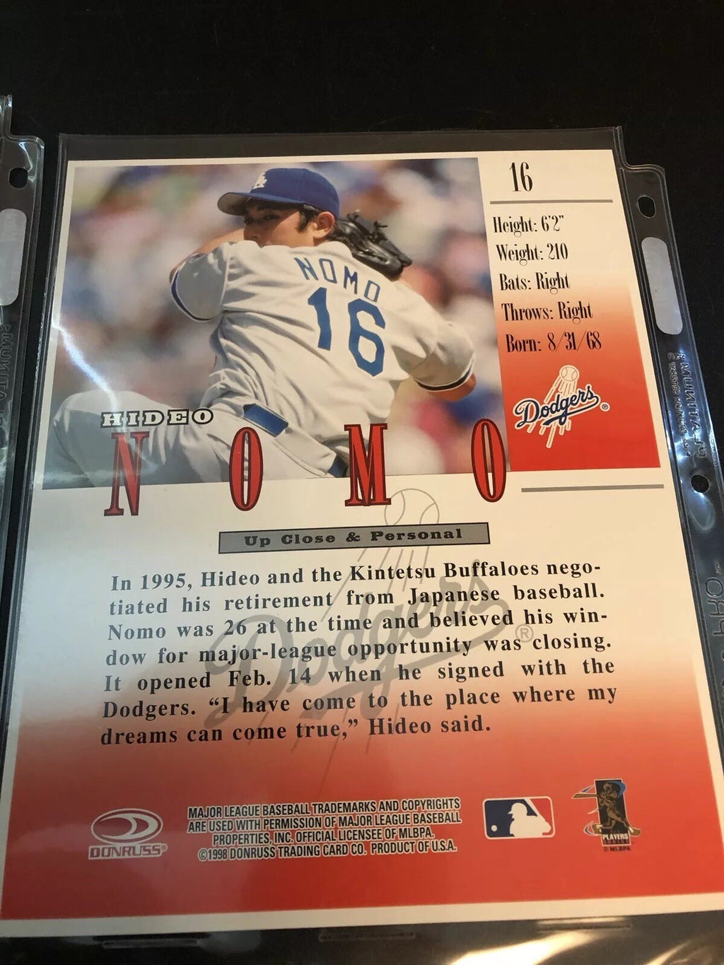 1997 PINNACLE ZENITH #18/24 & 1-1998 DONRUSS STUDIO #16 HIDEO NOMO 8X10’S