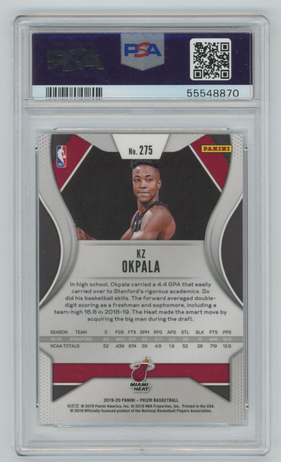 2019-20 Panini Prizm KZ Okpala Rookie PSA 10 Miami Heat #275