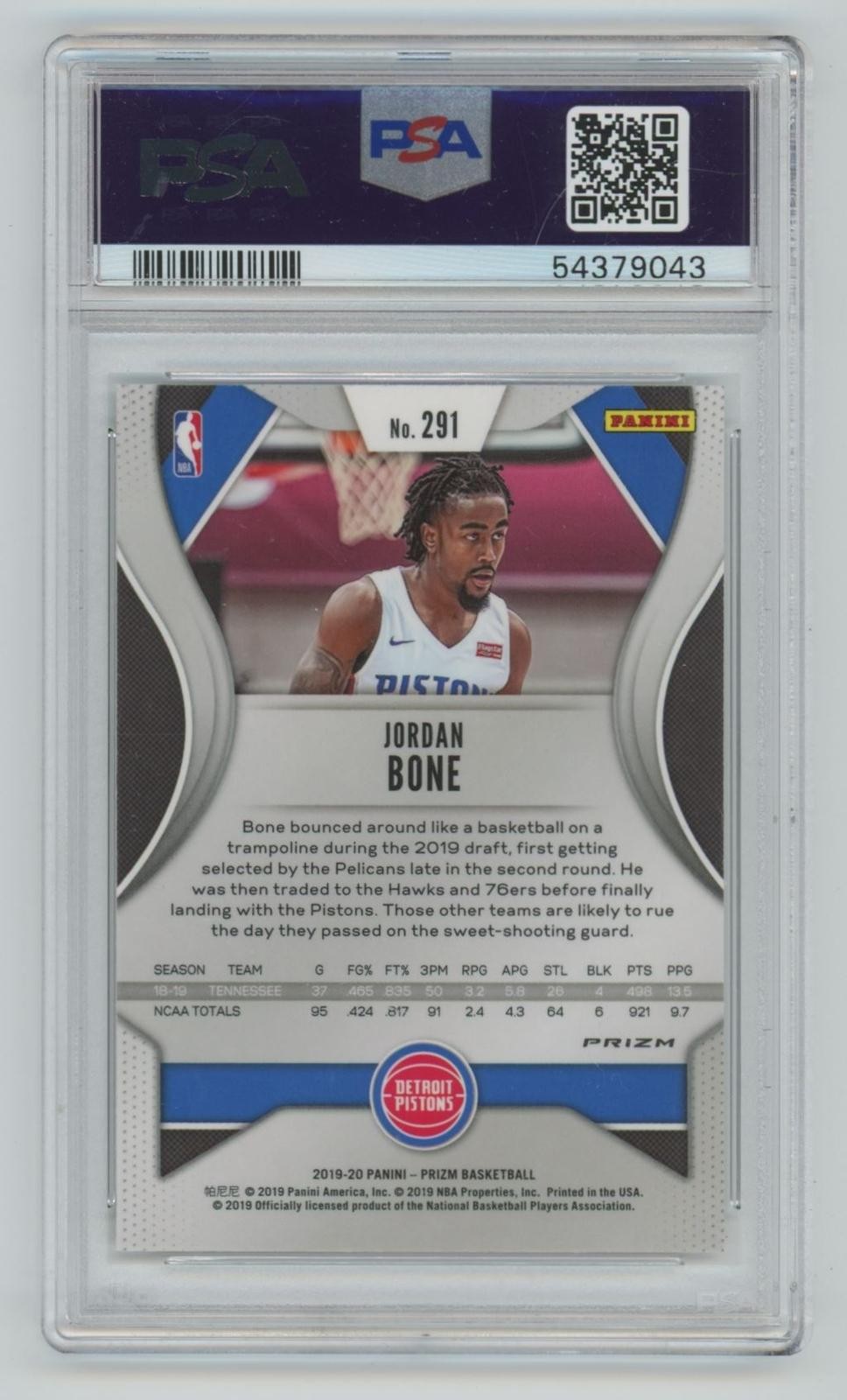 2019-20 Panini Prizm Silver Prizm Jordan Bone Rookie PSA 10 Detroit Pistons #291