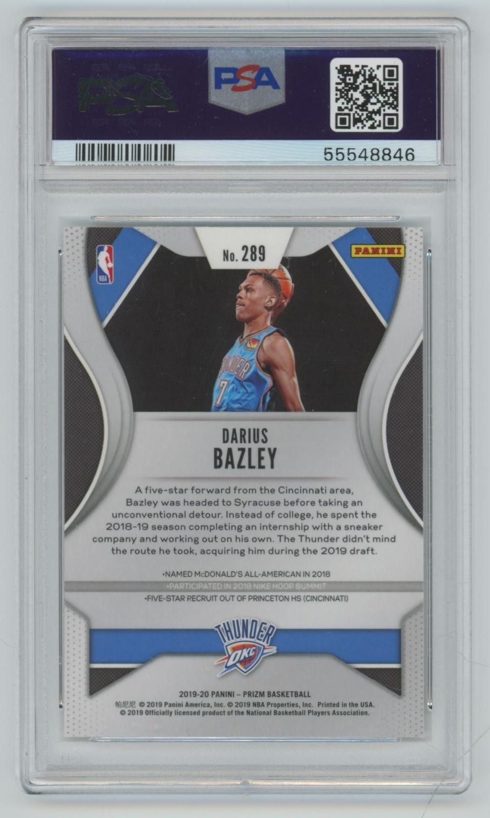 2019-20 Panini Prizm Darius Bazley Rookie PSA 10 Oklahoma City Thunder #289
