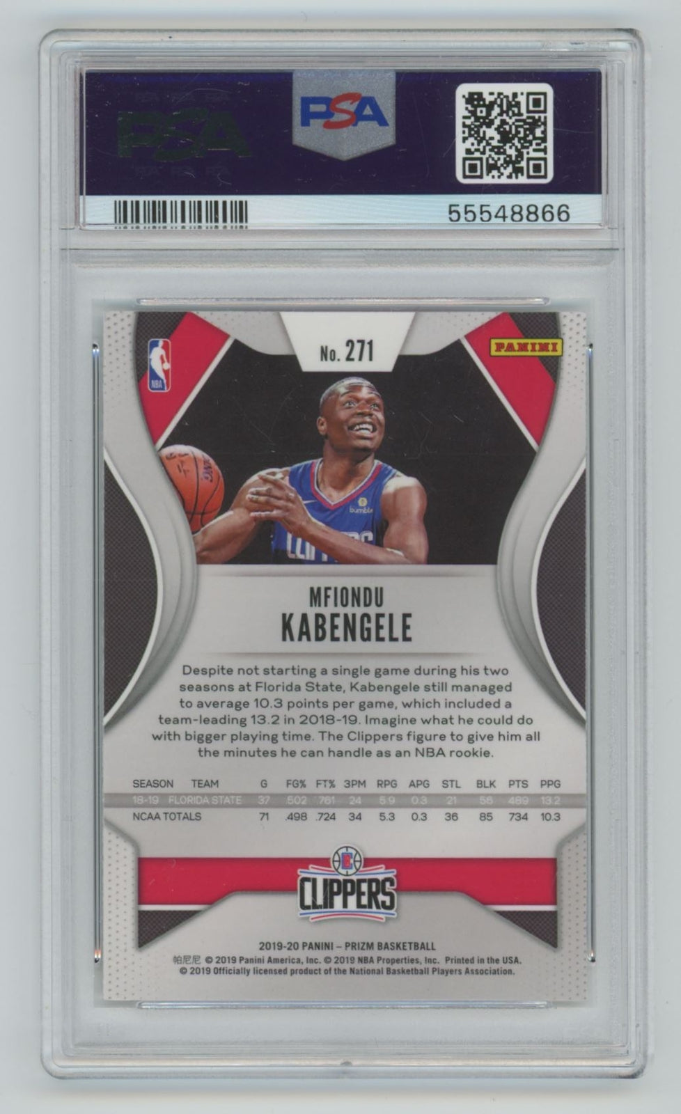 2019-20 Panini Prizm Mfiondu Kabengele Rookie PSA 10 Los Angeles Clippers #271