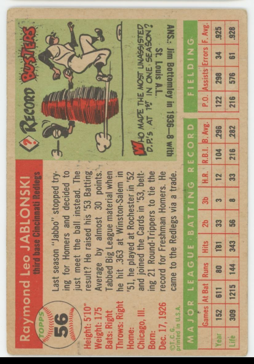 1955 Topps Baseball Card Ray Jablonski Cincinnati Redlegs #56