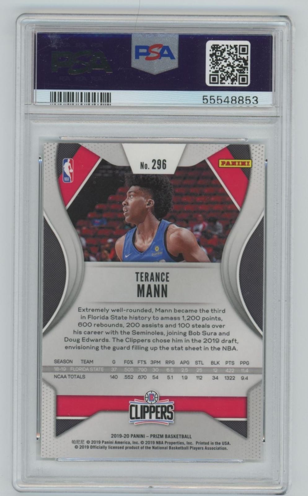2019-20 Panini Prizm Terance Mann Rookie PSA 10 Los Angeles Clippers #296