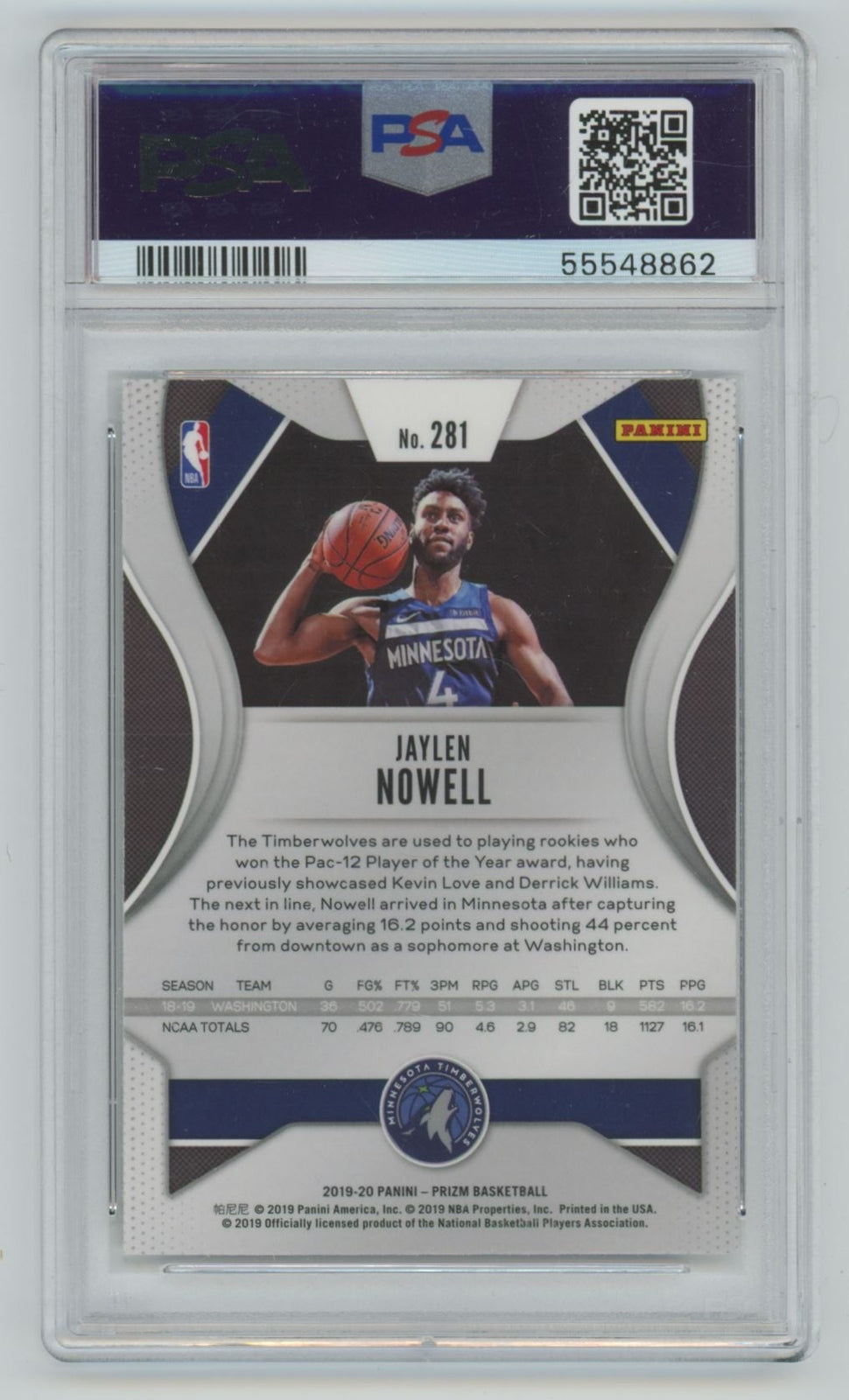 2019-20 Panini Prizm Jaylen Nowell Rookie PSA 10 Minnesota Timberwolves #281