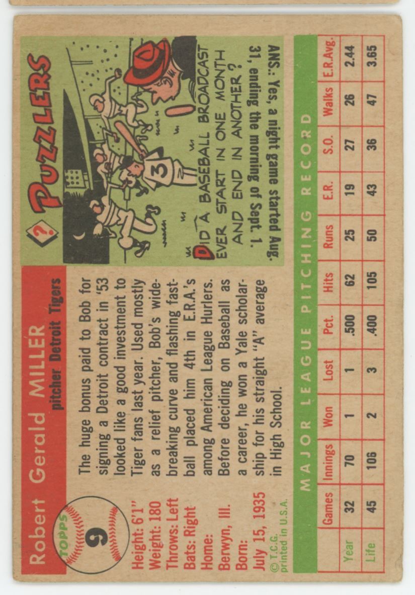 1955 Topps Baseball Card Bob Miller Detroit Wolverines #9
