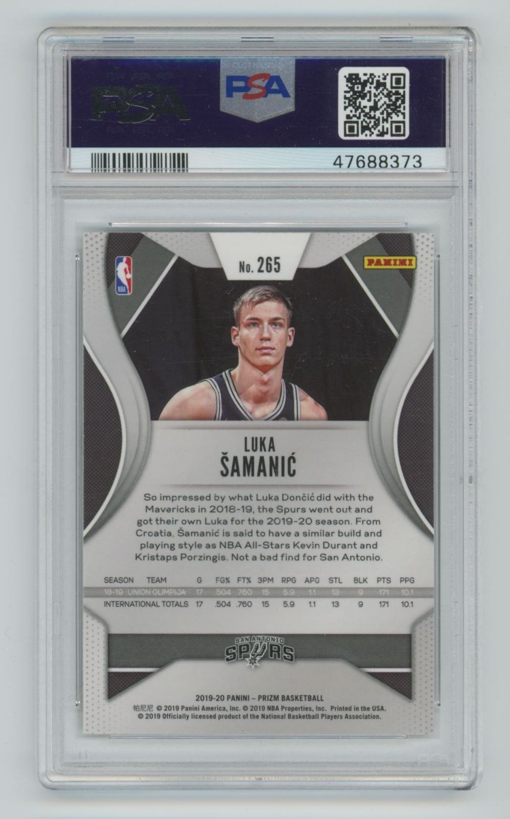 2019-20 Panini Prizm Luka Samanic Rookie PSA 10 San Antonio Spurs #265
