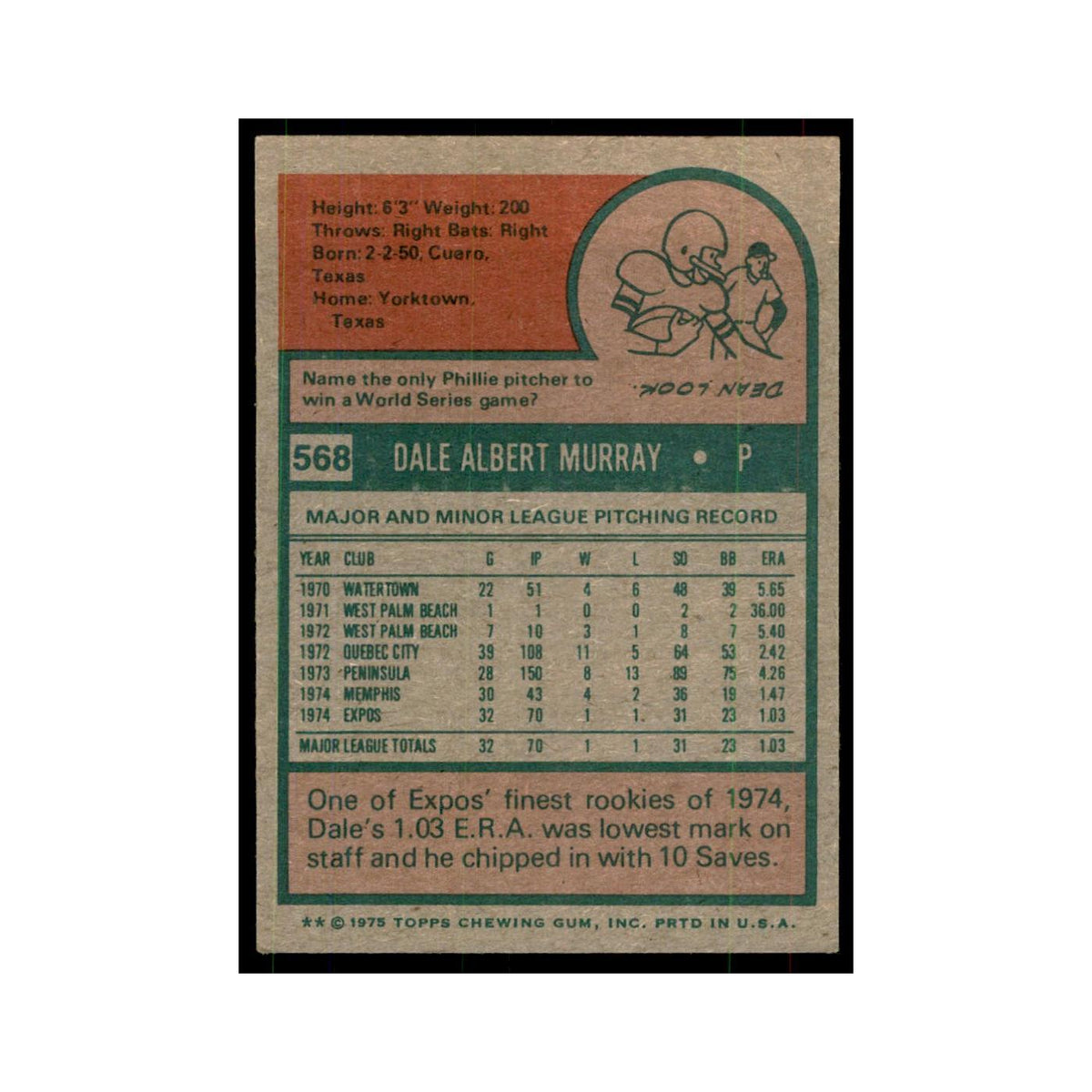 1975 Topps Dale Murray RC Montreal Expos #568
