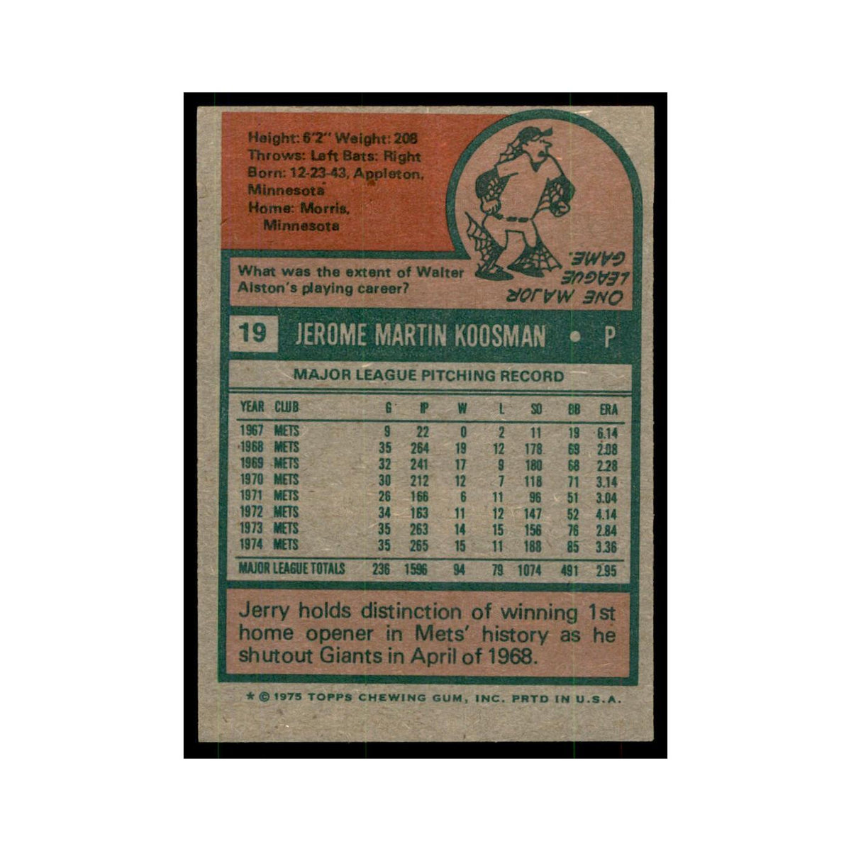 1975 Topps Jerry Koosman Mets #19