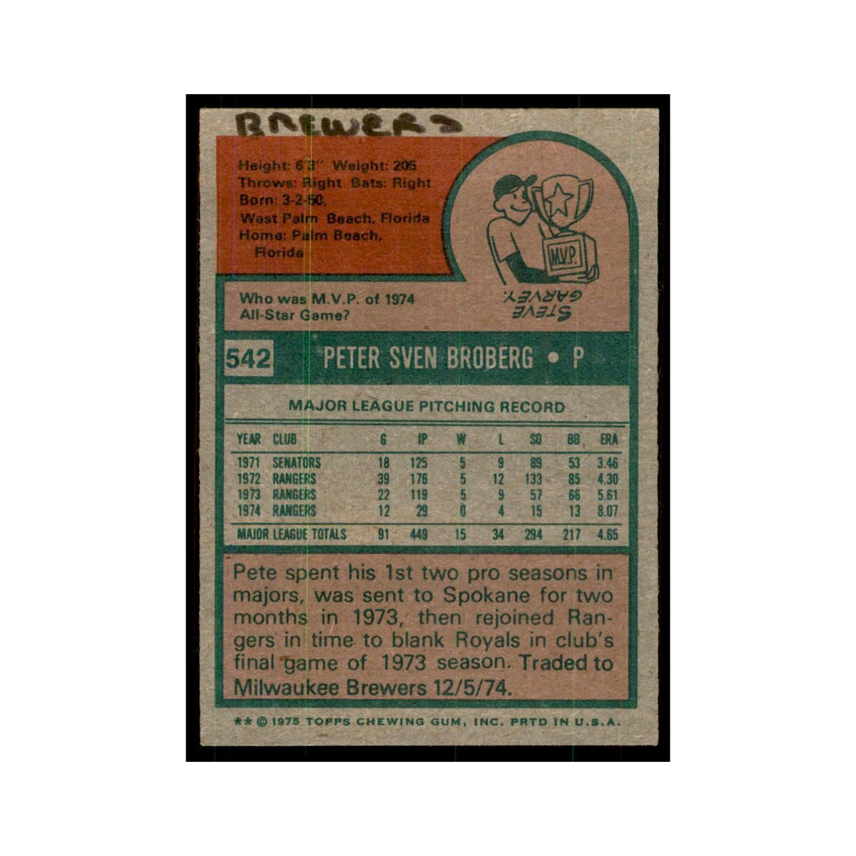 1975 Topps Pete Broberg Rangers #542