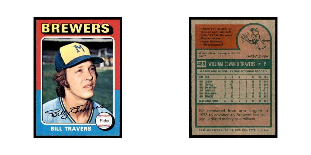 1975 Topps Bill Travers RC Brewers #488