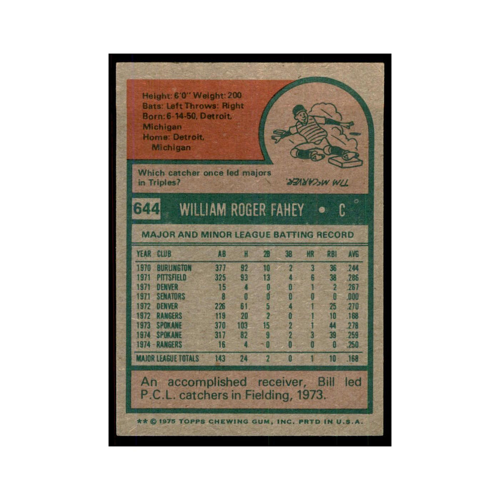 1975 Topps Bill Fahey Rangers #644