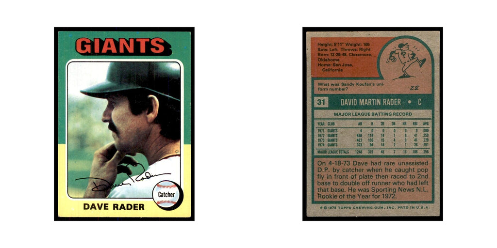 1975 Topps Dave Rader Giants #31