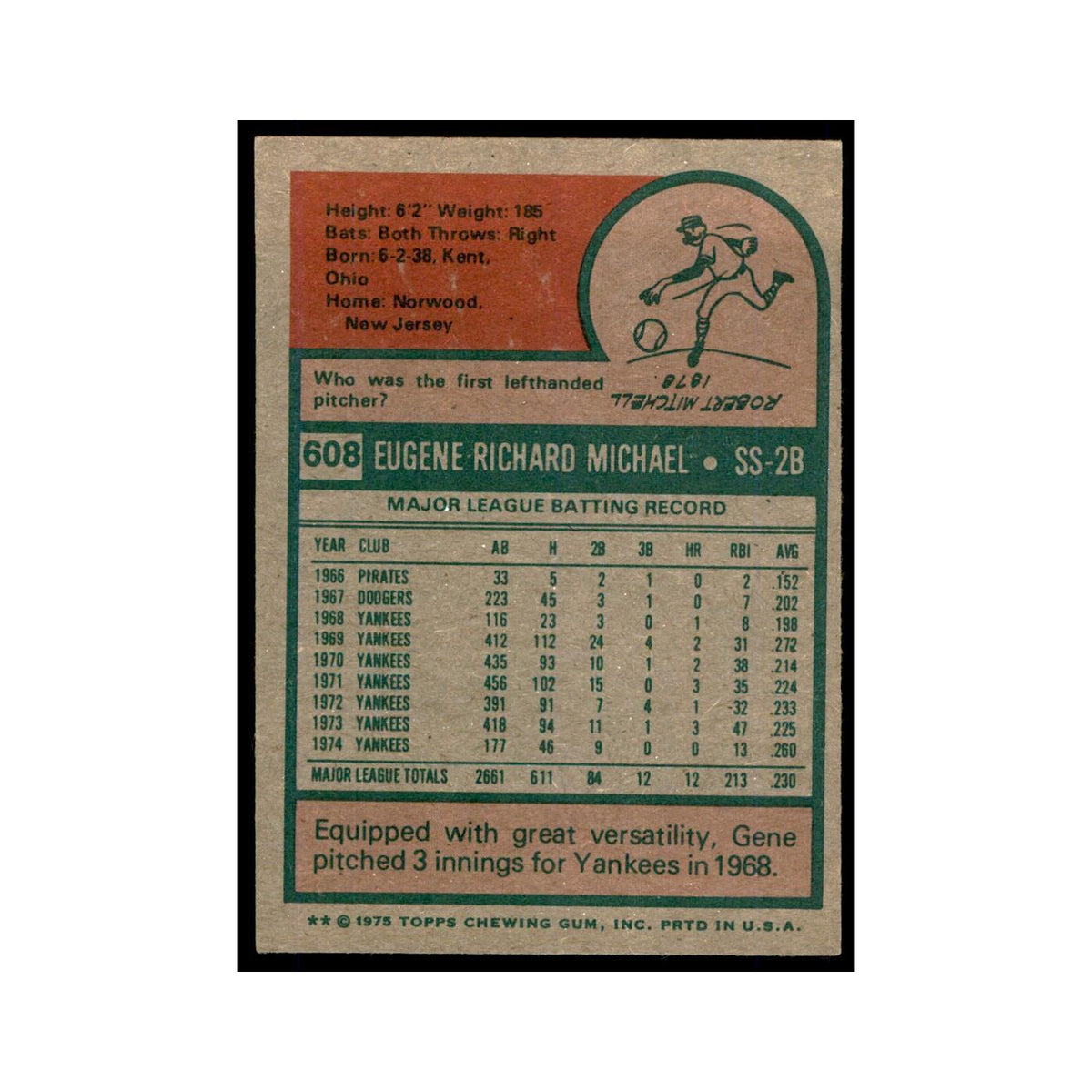 1975 Topps Gene Michael Yankees #608
